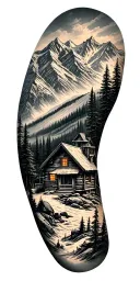 A detailed mountain landscape with a nestled cabin and a hidden hunting scene incorporated within the design tattoo design idea