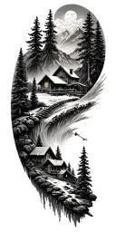 A detailed mountain landscape with a nestled cabin and a hidden hunting scene incorporated within the design tattoo design idea