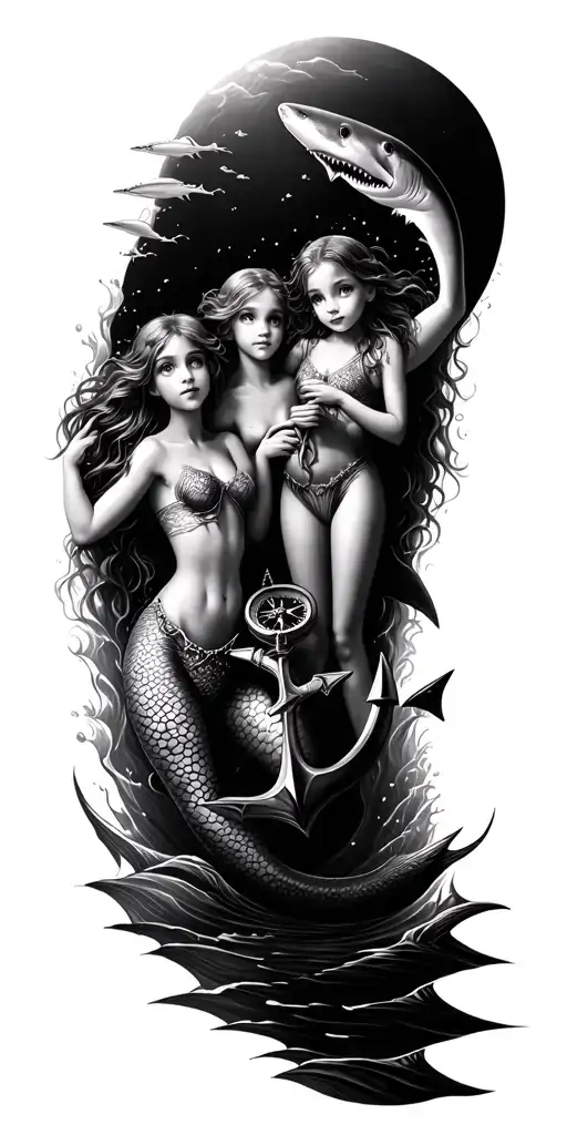 underwater scene with sharks fish waves son holding compass and two mermaid daughters holding anchor tattoo design idea