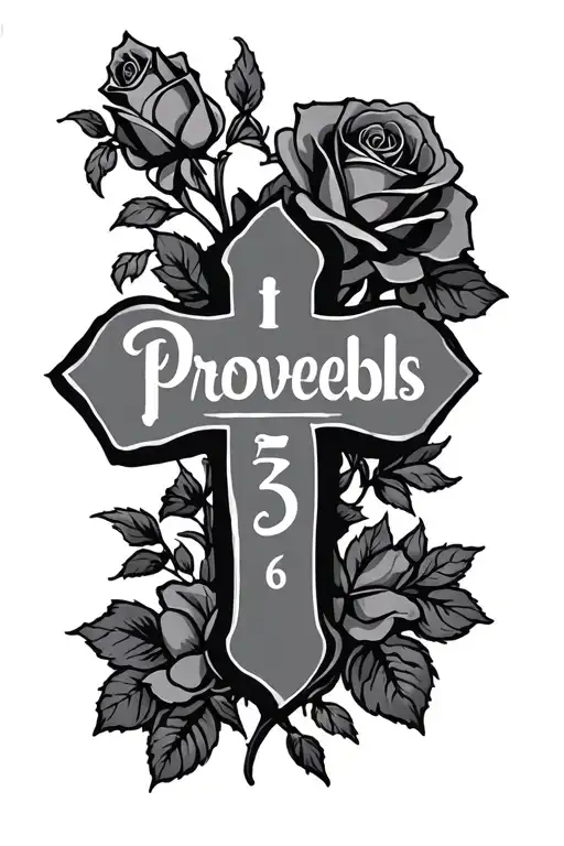 "Proverbs 3:5-6" Cross and roses tattoo design idea