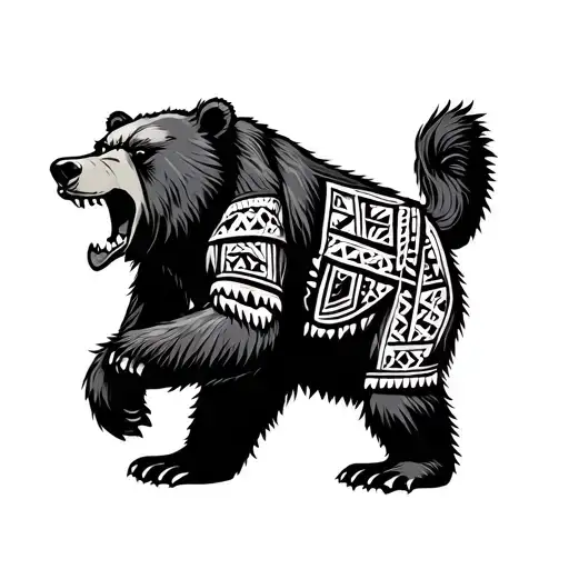 Mexican Aztec with and vicious bear walking tattoo design idea