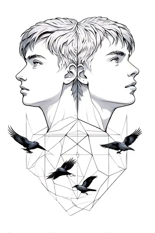 The rear background of the forest, in the middle of the rune, two faces of the boys looking in different directions of Vokrgu are flying crows, the form of a tattoo geometry tattoo design idea