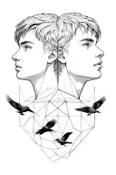 The rear background of the forest, in the middle of the rune, two faces of the boys looking in different directions of Vokrgu are flying crows, the form of a tattoo geometry tattoo design idea