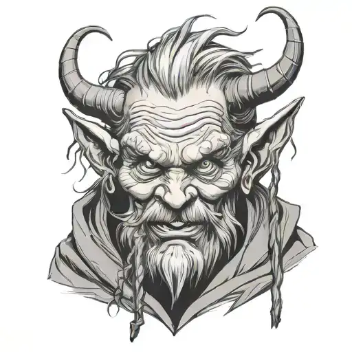 Tattoo sketch man old goblin with horns in the form of branches, with a cane, in a robe, with a beard graphics, whipshading, gothic tattoo design idea