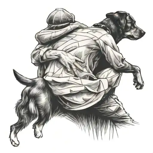 dog and man  hugging under a shelter  from back view tattoo design idea