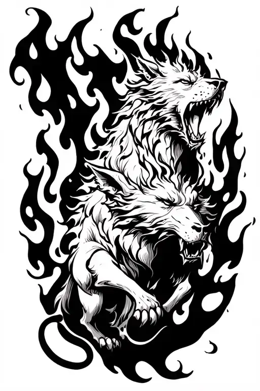 Cerberus emerging from flames tattoo design idea