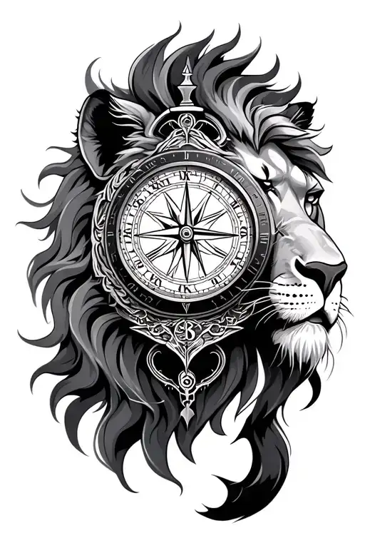 lion compass and clock tattoo design idea