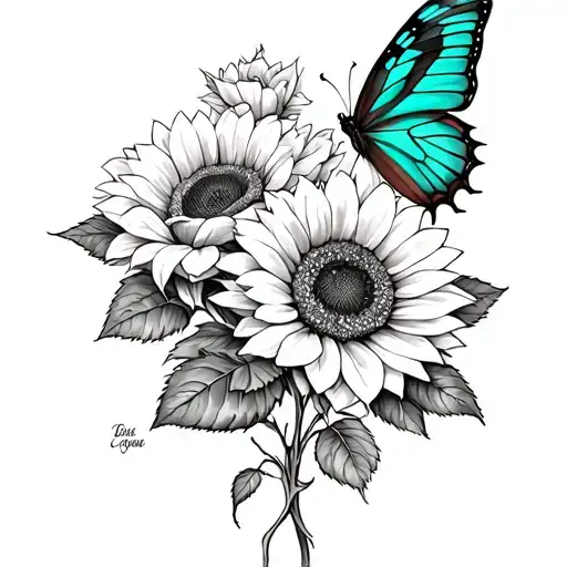 sunflowers, roses and a teal butterfly tattoo design idea
