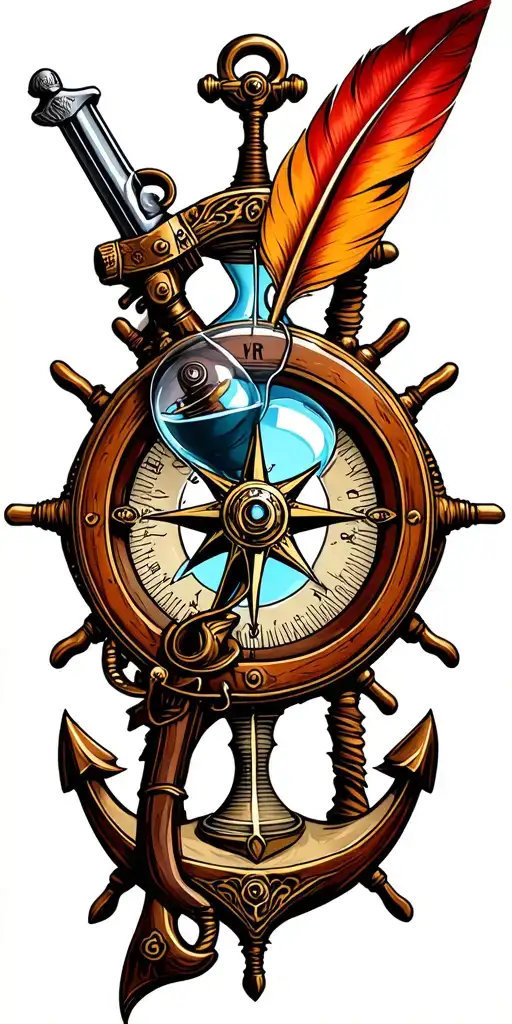 flintlock pistol, cutlass, quill pen, nautical compass, fouled anchor, ship's wheel, hourglass tattoo design idea