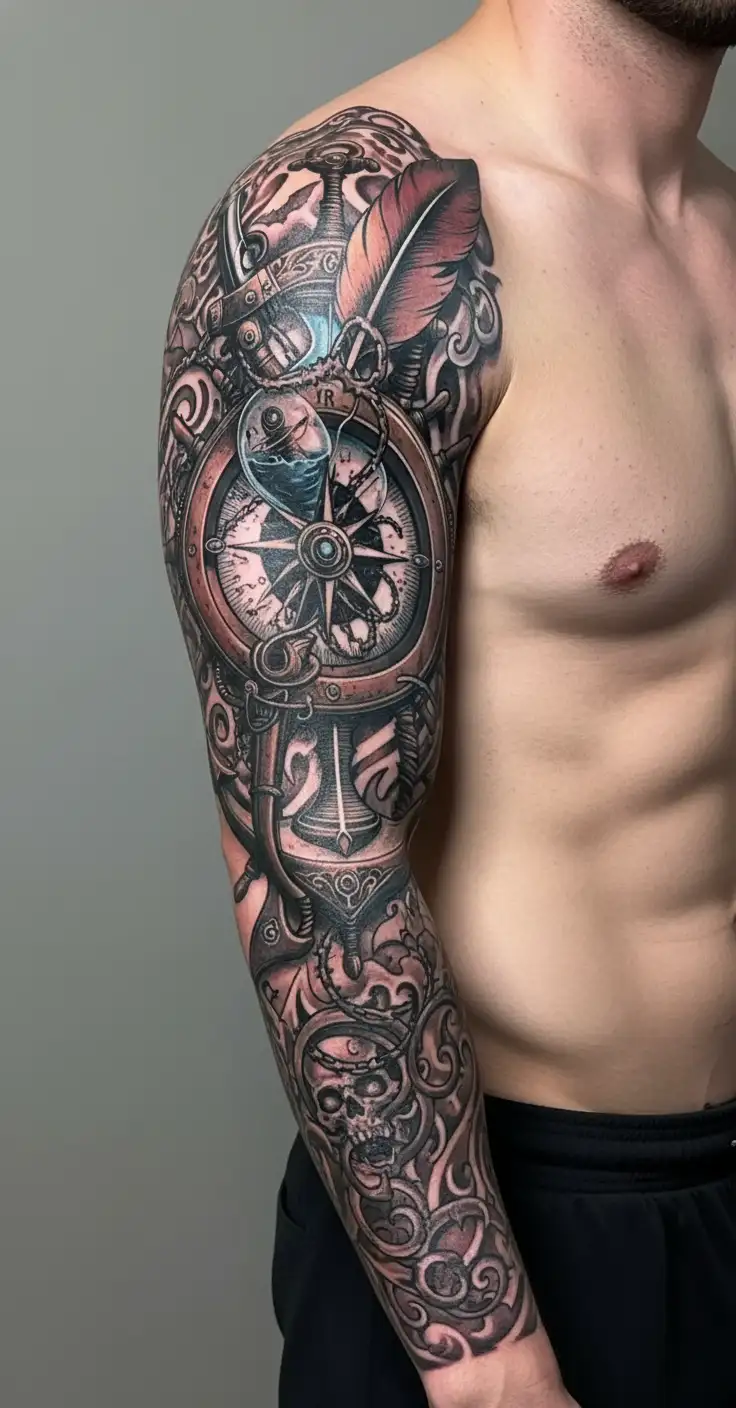 flintlock pistol, cutlass, quill pen, nautical compass, fouled anchor, ship's wheel, hourglass tattoo design idea