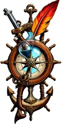flintlock pistol, cutlass, quill pen, nautical compass, fouled anchor, ship's wheel, hourglass tattoo design idea
