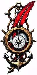 flintlock pistol, cutlass, quill pen, nautical compass, fouled anchor, ship's wheel, hourglass tattoo design idea
