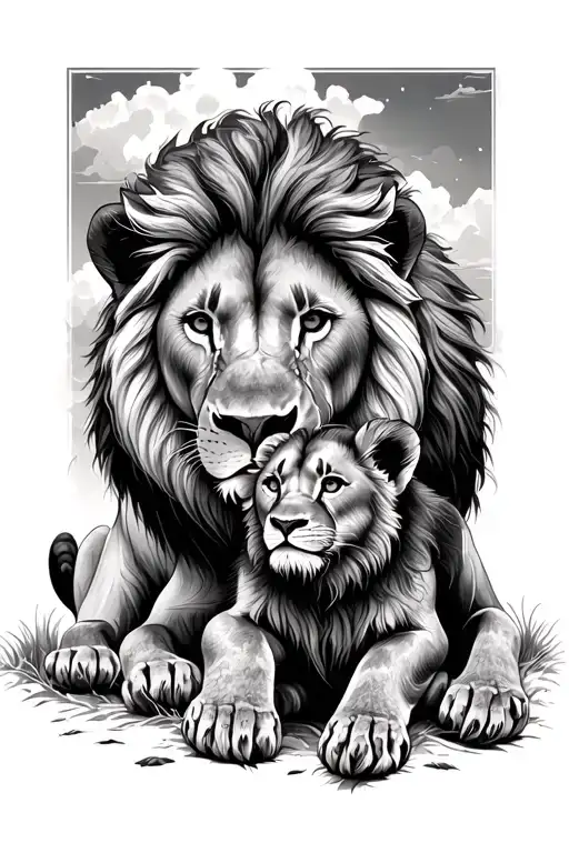 lion protecting its cub tattoo design idea