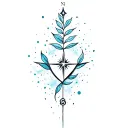 a simple feminine tattoo with: a half laurel leave wrapping a compass needle with a north star above it and a blue dust tattoo design idea