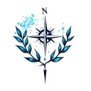 a simple feminine tattoo with: a half laurel leave wrapping a compass needle with a north star above it and a blue dust tattoo design idea