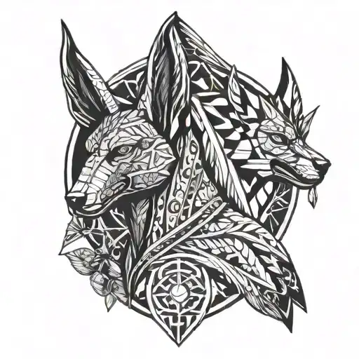 Anubis, in his hand, a scale with a light heart and a feather. tattoo design idea