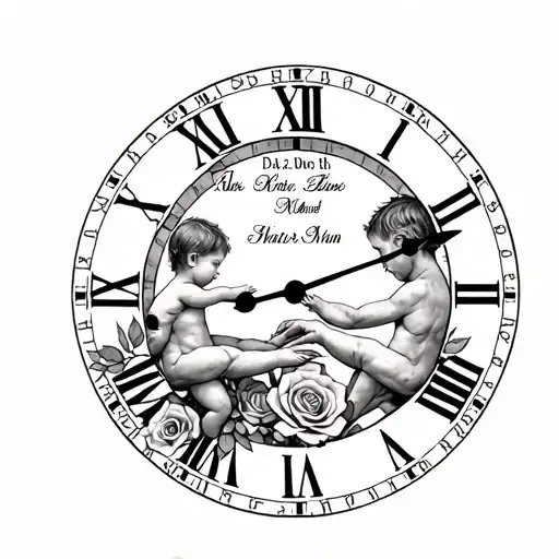kids names, date of birth and time of birth on Roman numeral clock. a father holding his kids hands and some roses tattoo design idea