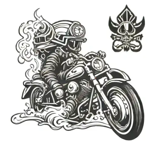 A firefighter helmet engulfed in flames with a skateboard and motorcycle wheel intertwined in the design tattoo design idea