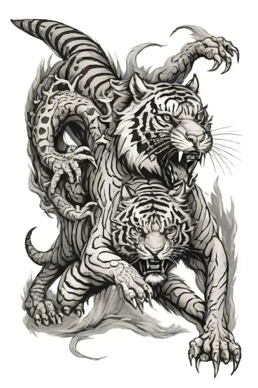 dragon fying behind tiger walking towards tattoo design idea