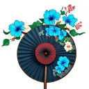 makes a traditional fan with coreen weather, hibiscus flowers and a Korean knot Maedup tattoo design idea