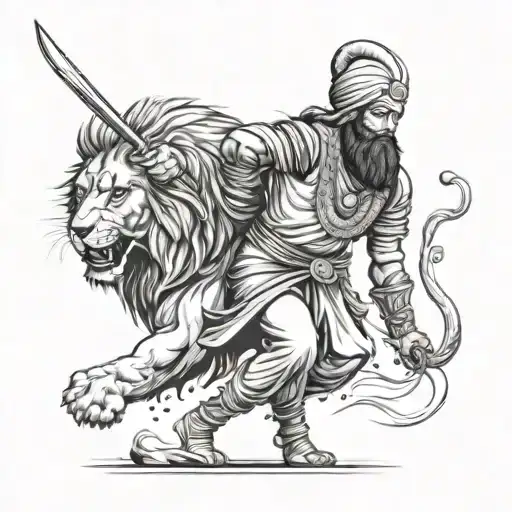 Sikh warrior fighting with lion tattoo design idea