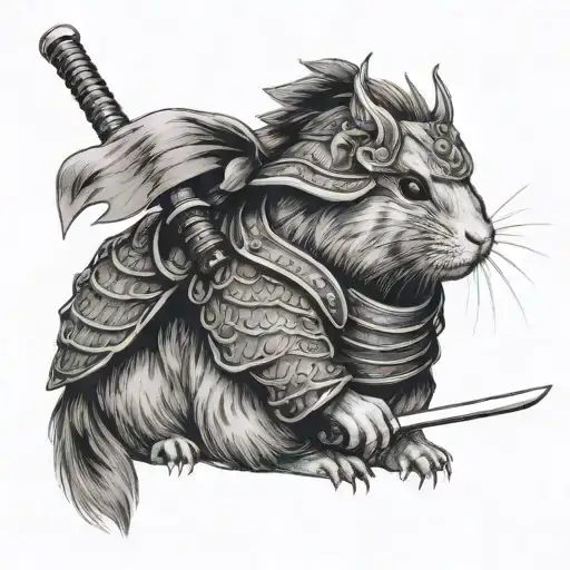 The drawing shows a samurai wearing a traditional Japanese helmet, holding a katana that pierces a mask of a guinea pig. tattoo design idea