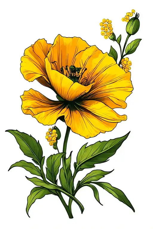 one poppy and one golden lilly and one golden wattle with their stems intertwined tattoo design idea