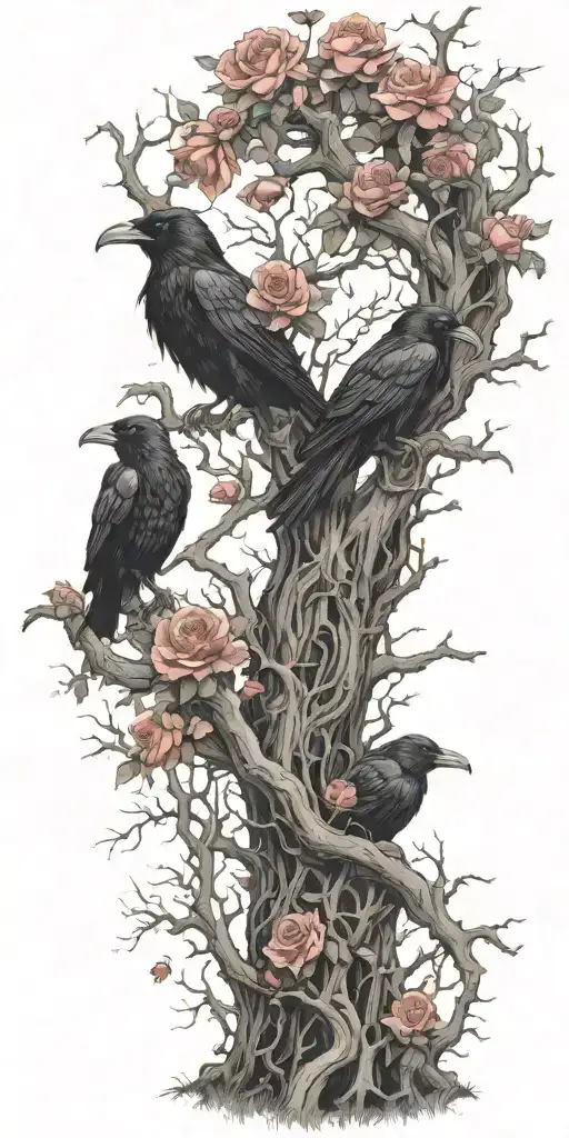 crooked scary looking tree wich gnarled and snapped branches. ravens perched amongst the branches roses weaving amongst tattoo design idea