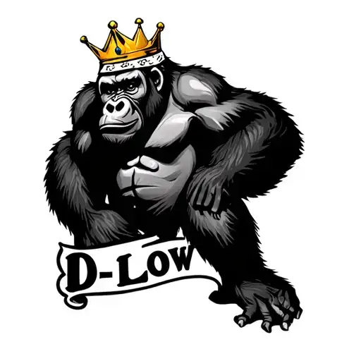 gorilla with crown and bandana with "D-Low" underneath tattoo design idea