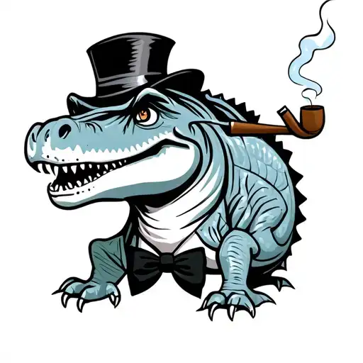 cartoon cheerful t rex with thick black eyebrows wearing a top hat and bow tie smoking a pipe tattoo design idea