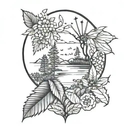 Nature inspired patch work tattoos, detailed, outdoors, black and white tattoo design idea