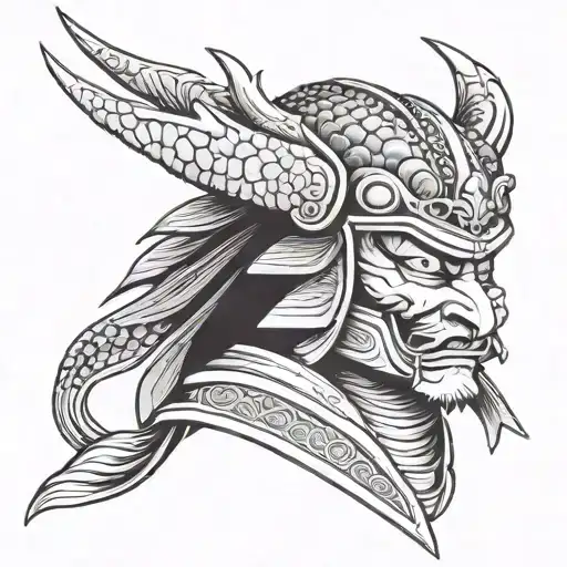 Samurai head with dragon helmet facing forwards tattoo design idea