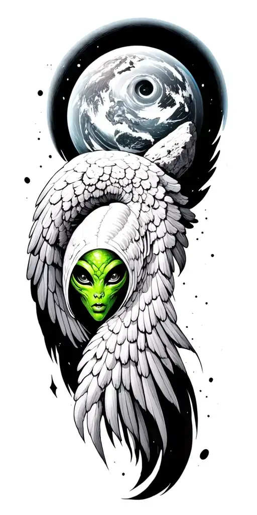 wing spread world 2 rocks a spiral black hole alien beings green face  tattoo design idea