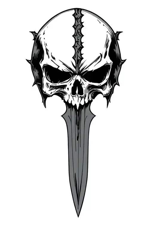 serrated blade, skull head, massacre, sejmitar, darkest dungeon tattoo design idea