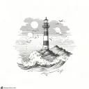 waves, lighthouse, sea, mountain, rocks tattoo design idea