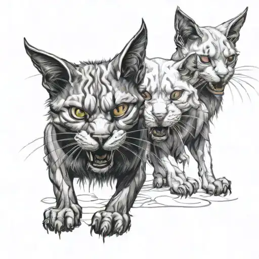 A three-headed demonic cat of the British breed, with a grin and eyes glowing white. The heads are looking in different directions tattoo design idea