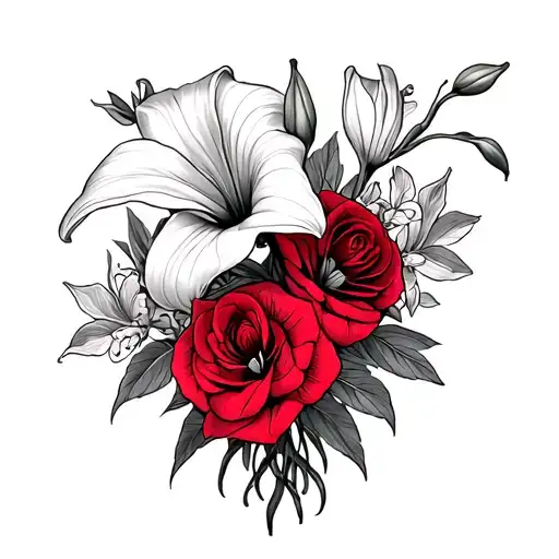 a bouquet tattoo, with, calla lilies, Gerber lilies, red roses, orchid tattoo design idea