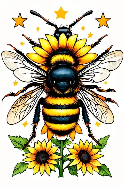 bumble bee with sunflower and stars tattoo design idea