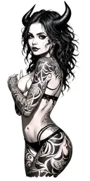 Sexy Pale Girl, petite, big boobs, wide hips, G-String. Messy hair, demonic horns, sexual. Seductive smile. Full Body tattoo design idea