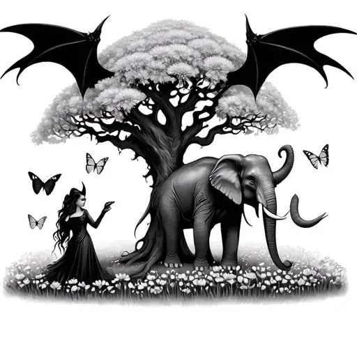 madusa and maleficent standing under a poisonous tree pointing to an elephant in a feild of dandelions and butterflies  tattoo design idea