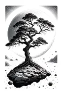 tree on small asteroid in space with giant sun in background  tattoo design idea