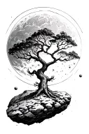tree on small asteroid in space with giant sun in background  tattoo design idea