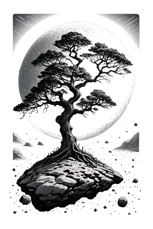 tree on small asteroid in space with giant sun in background  tattoo design idea