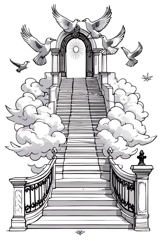 stairs to heaven with doves and clouds with a gate  tattoo design idea