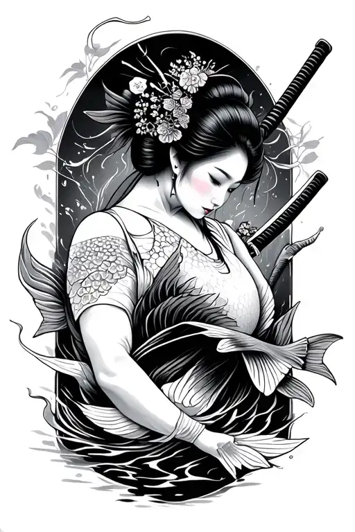 geisha holding a katana koi fish swimming upstream tattoo design idea
