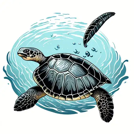 scuba diver and turtle swimming gracefully tattoo design idea