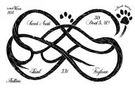 infinity sign with date and paw print, very small not 3D tattoo design idea