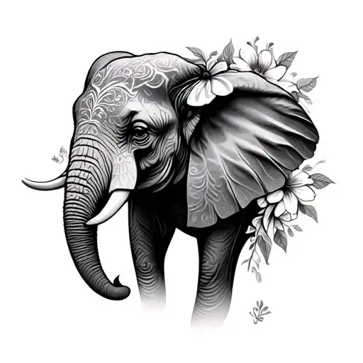elephant face and flowers tattoo design idea