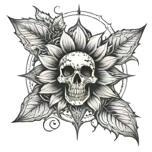sunflower and pot leaf with skull center and compass tattoo design idea