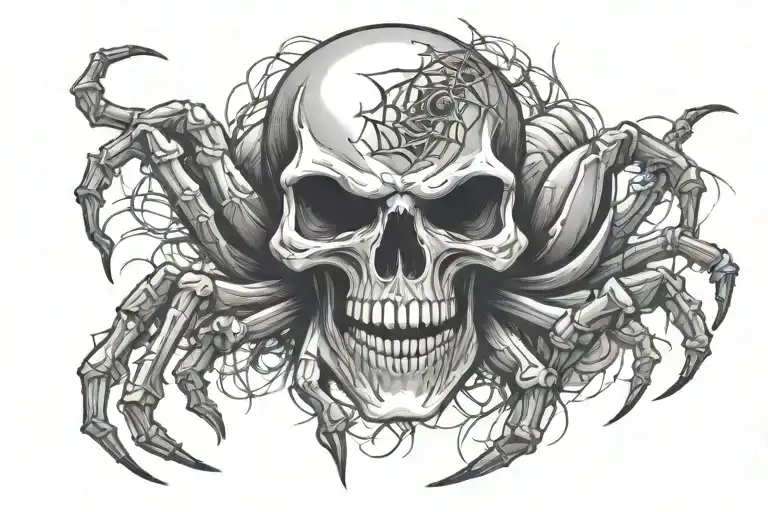 skull and spider crawling across tattoo design idea